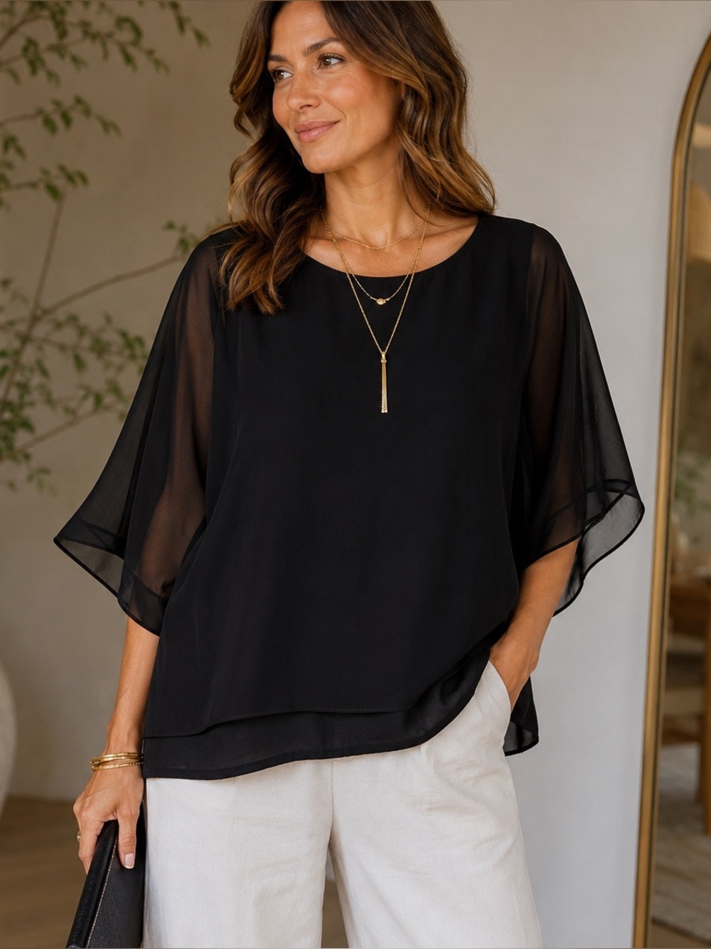 NVELOP Women XL Black Chiffon Overlay Layered Blouse Batwing Dolman Top Made USA